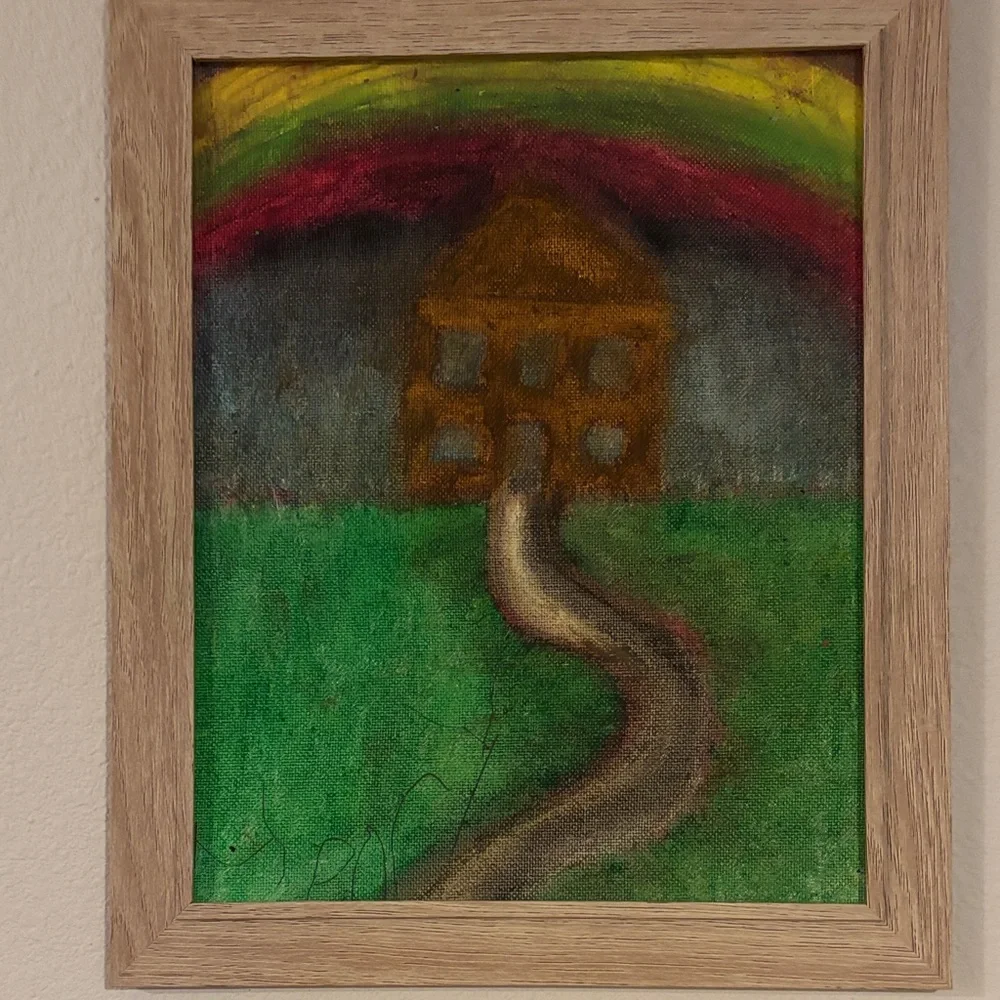 Original Pastel Painting by Local Child Artist Wooden Frame, “Rainbow House” - Picture 1 of 3